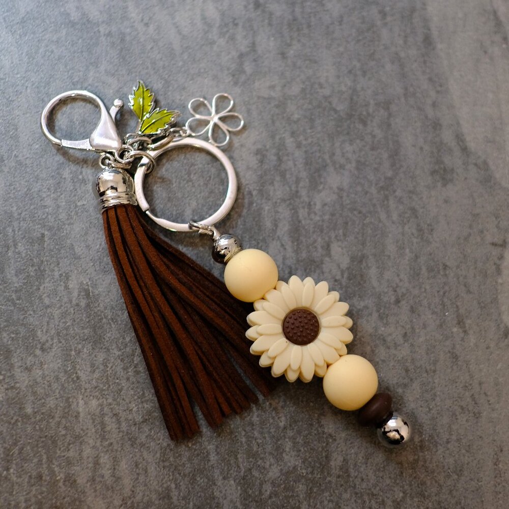 Fun Handmade Beaded Keychain, tassel, charm, flower, leaf, sunflower, gift